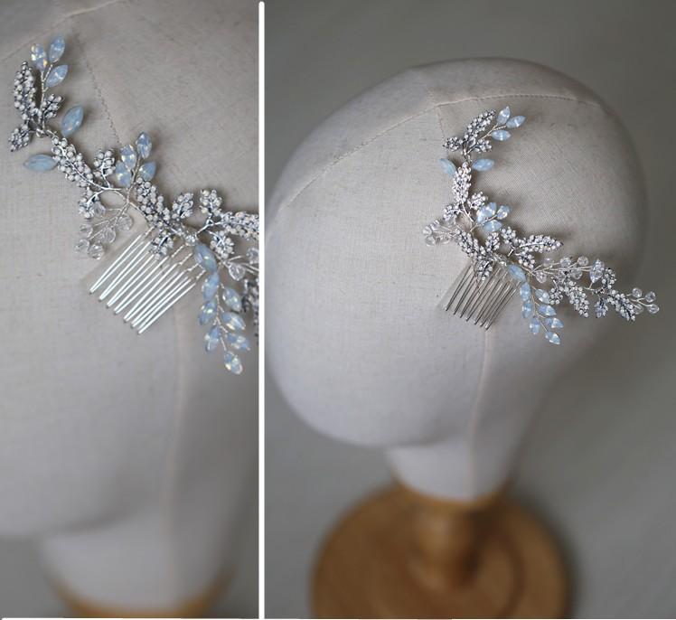 Wedding Hair Comb Silver Rhinestones Opal Crystal Vintage Bridal Hair Clips