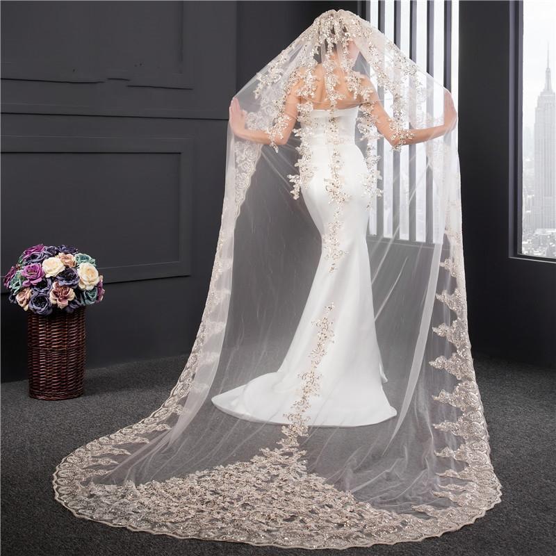 Champagne Bridal Cathedral Wedding Veil with Comb Sequins Appliques Tulle  Veil